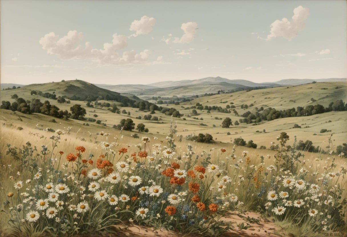 Vintage Landscape of Wildflowers and Foothills