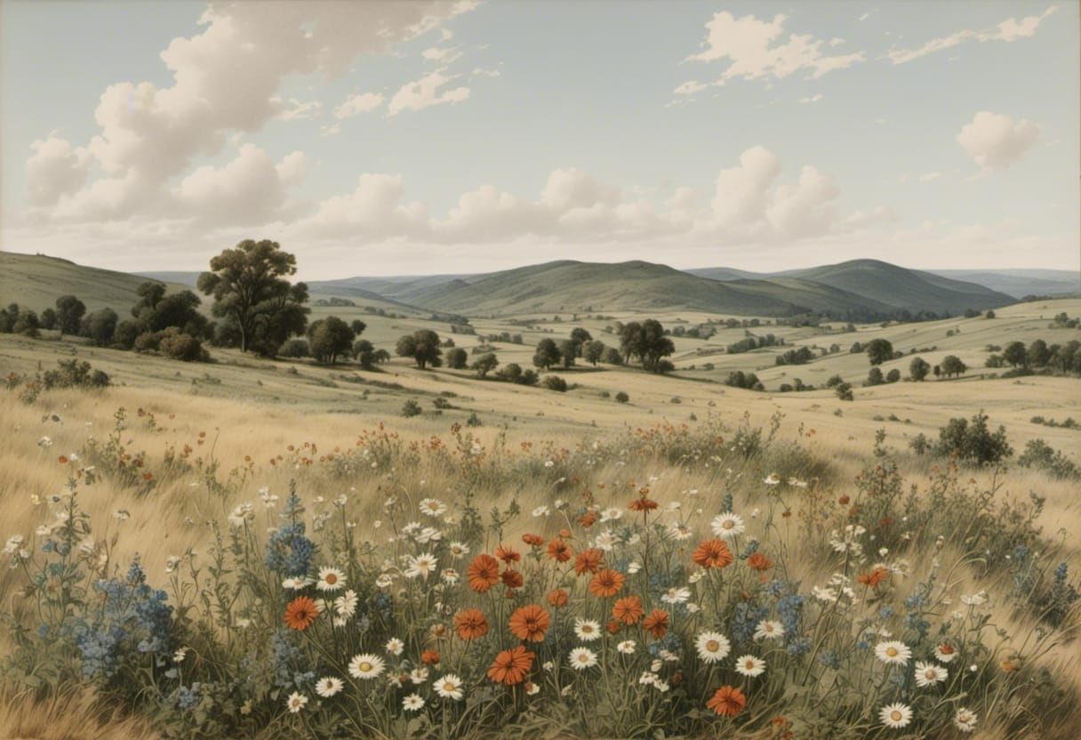Vintage Landscape with Wildflowers and Foothills