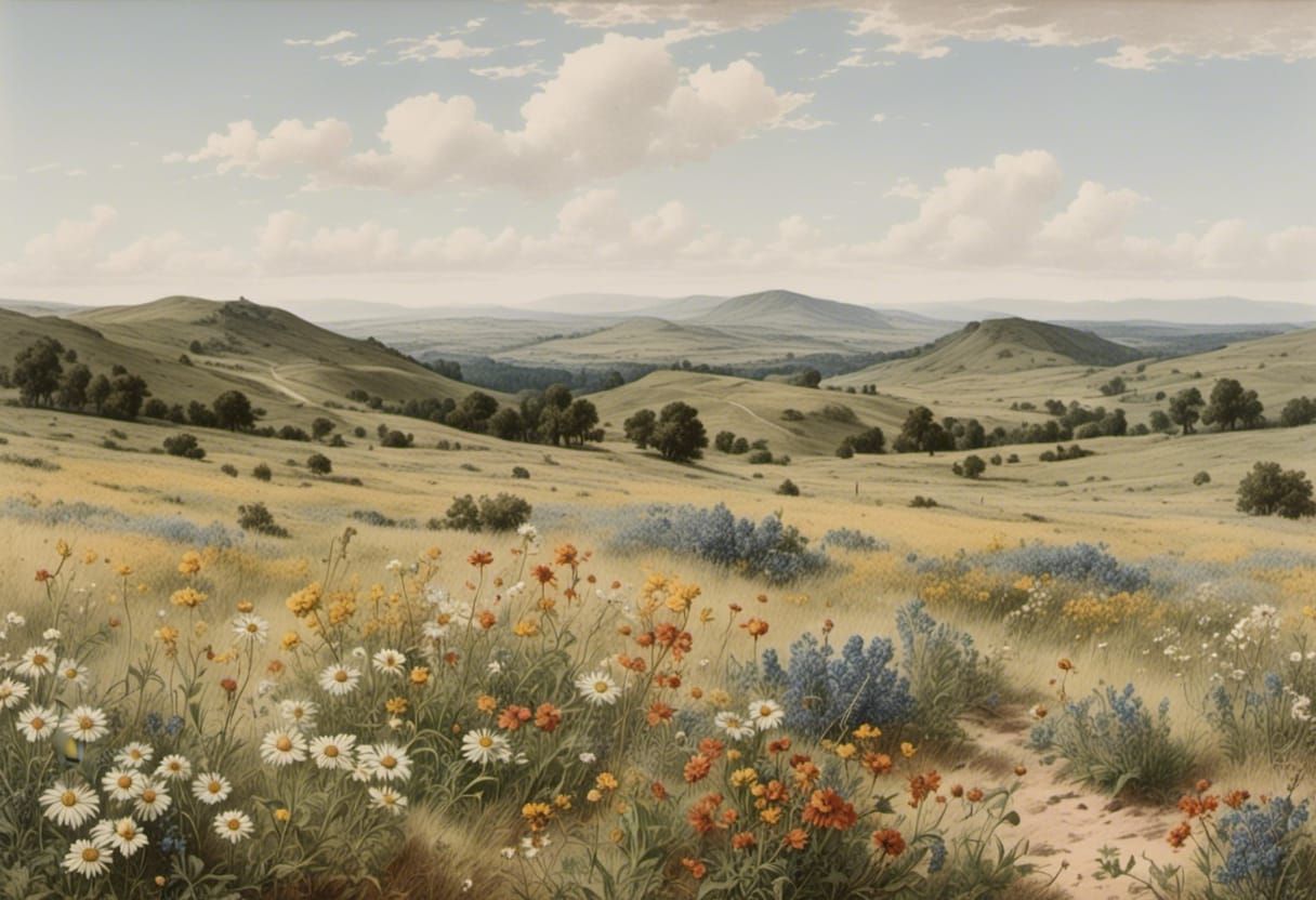 Vintage Landscape of Wildflowers and Foothills