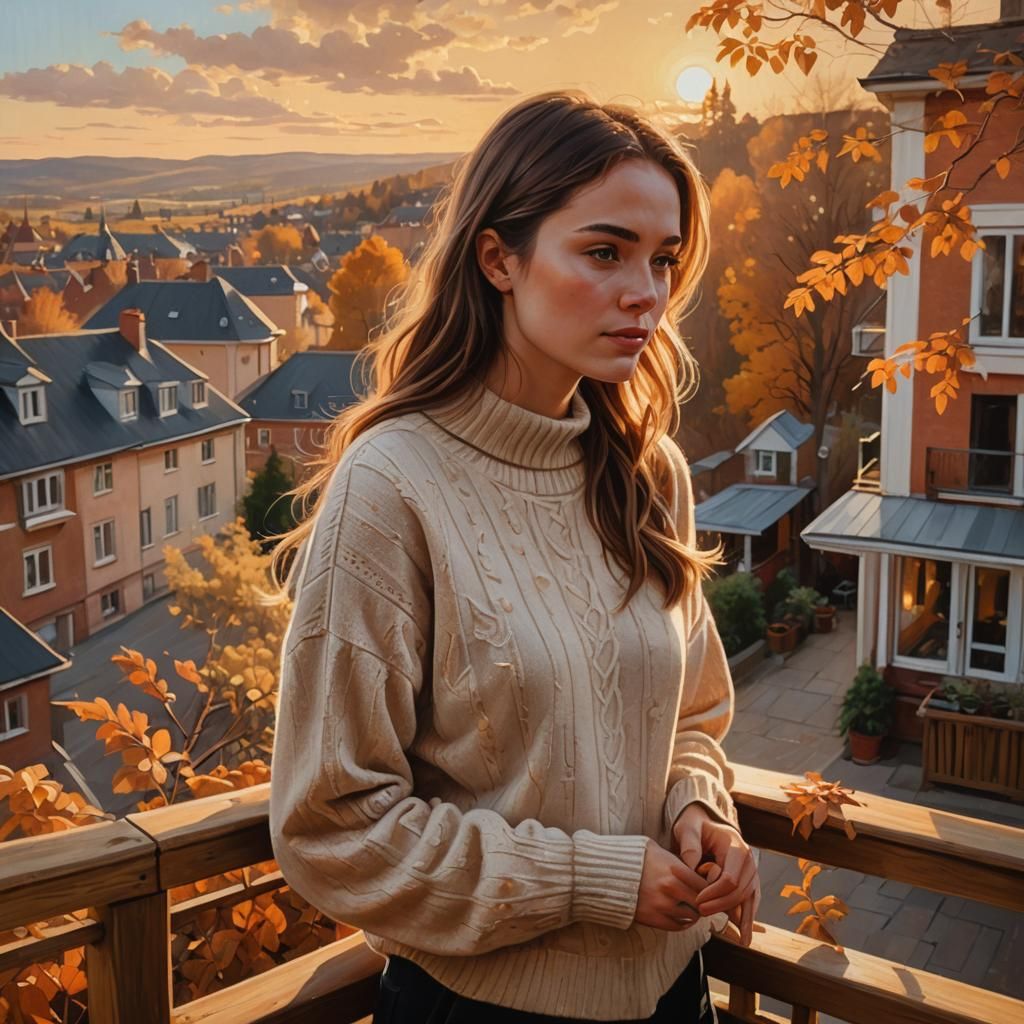 Girl on Balcony in Autumn Light: Oil Painting