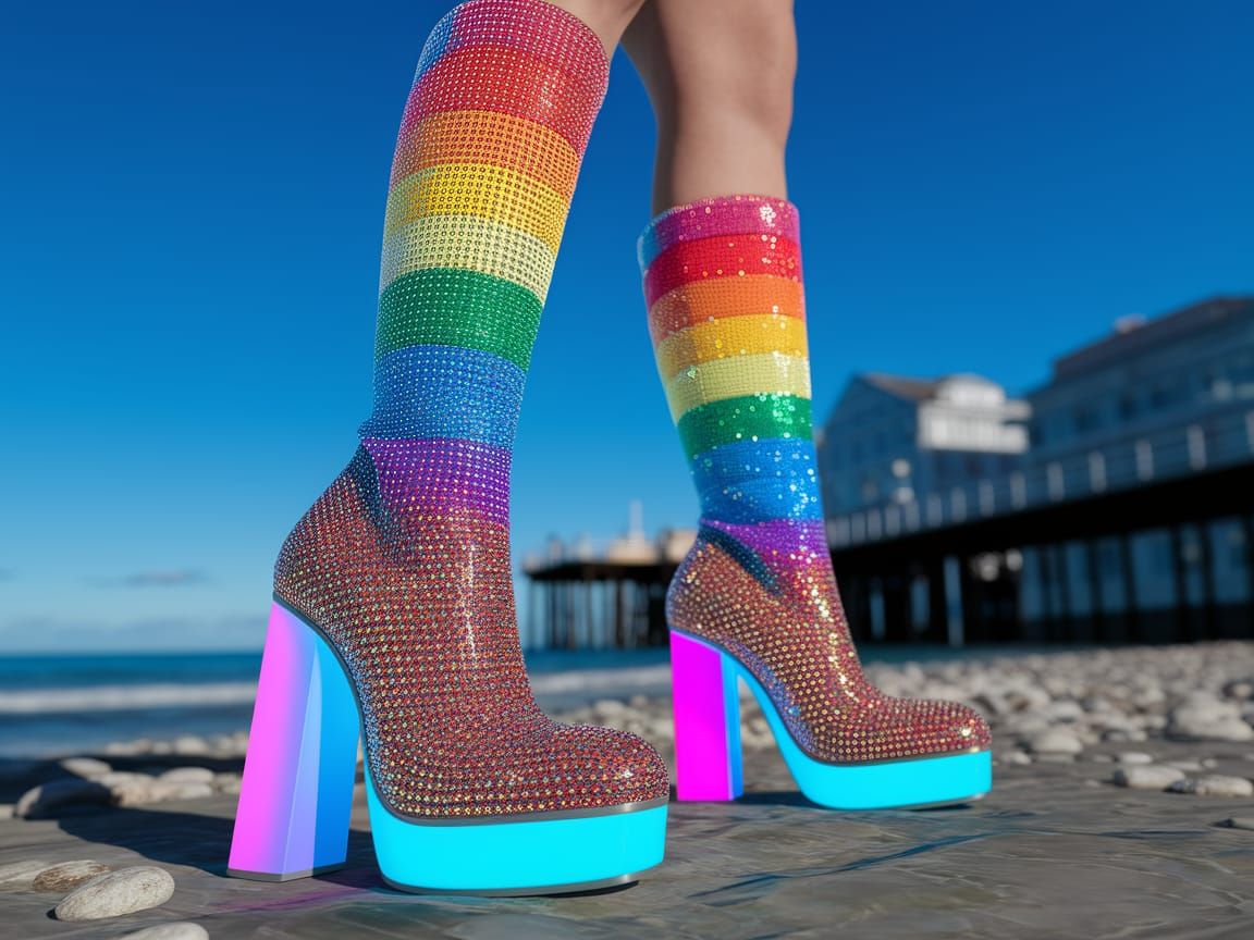 Vibrant Rainbow Boots on a Beach Pier