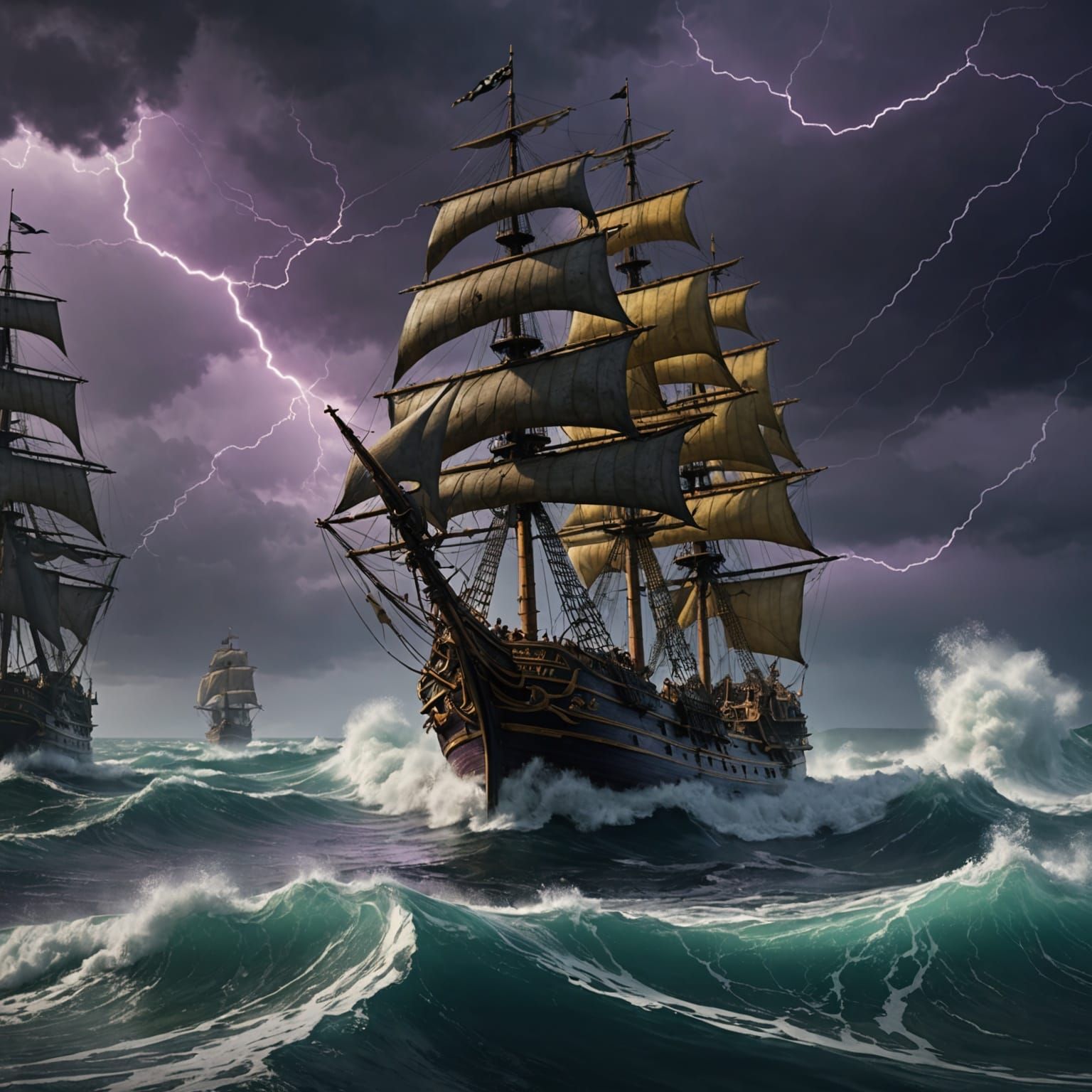 Pirate Ship Chase in Thunderstorm: Dark Fantasy Art