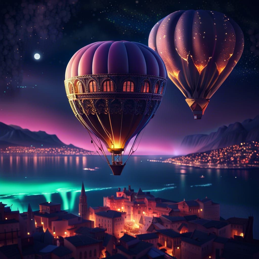 Fantasy Cityscape with Aurora and Hot Air Balloons
