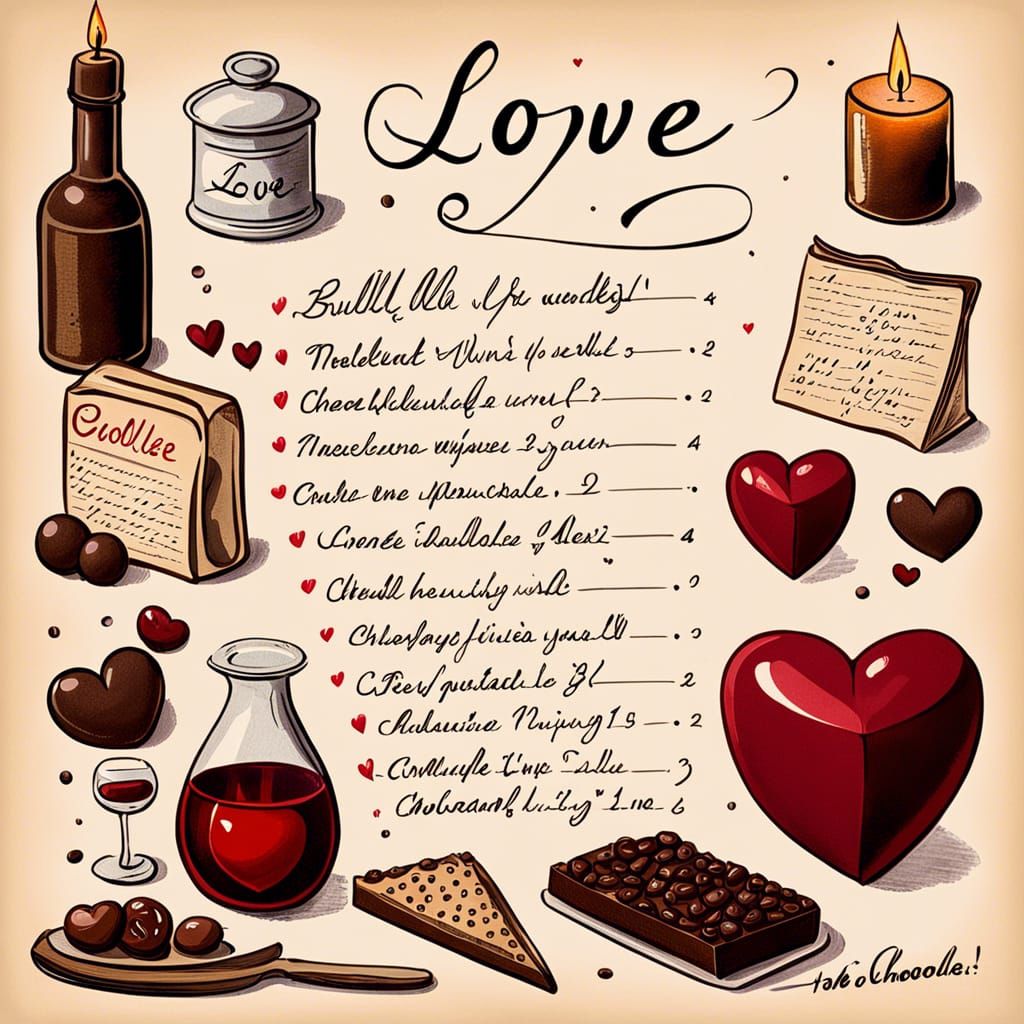 Illustrated Love Grocery List with Heart, Chocolate, Wine