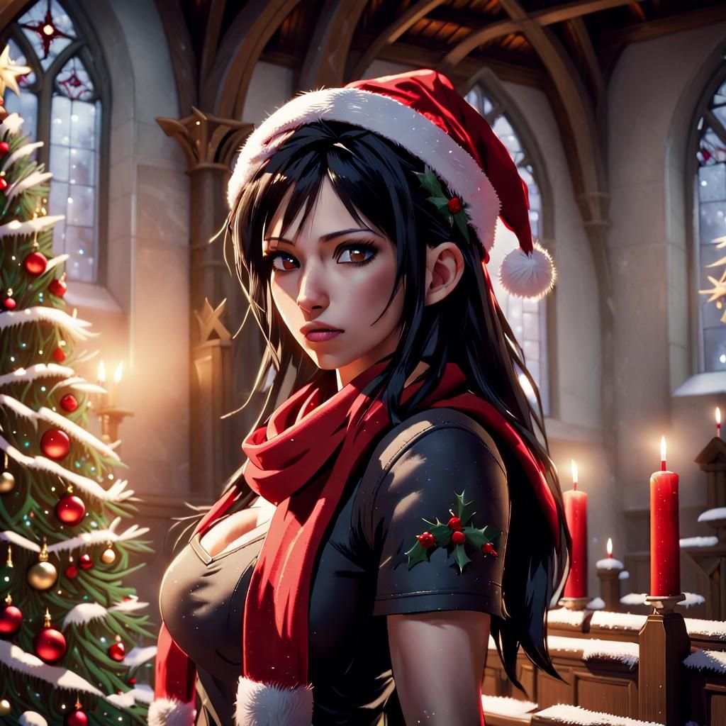 Tifa Lockhart's Christmas Cheer in a Cozy Church