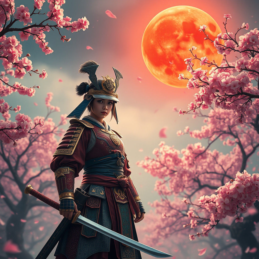 Samurai Girl Under Crimson Moon in Dreamlike Setting