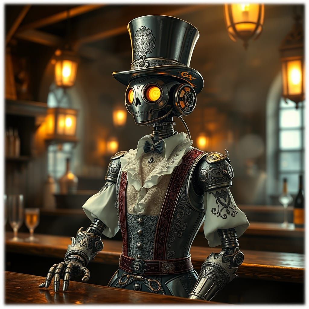 Steampunk Robot Bartender in Ornate Style