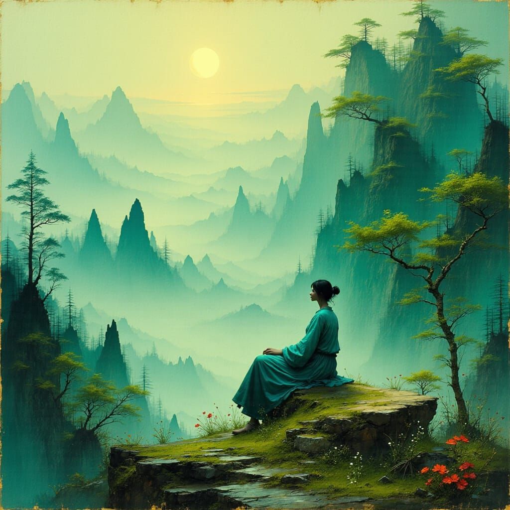 Contemplative Figure in Misty Landscape, Romantic Style