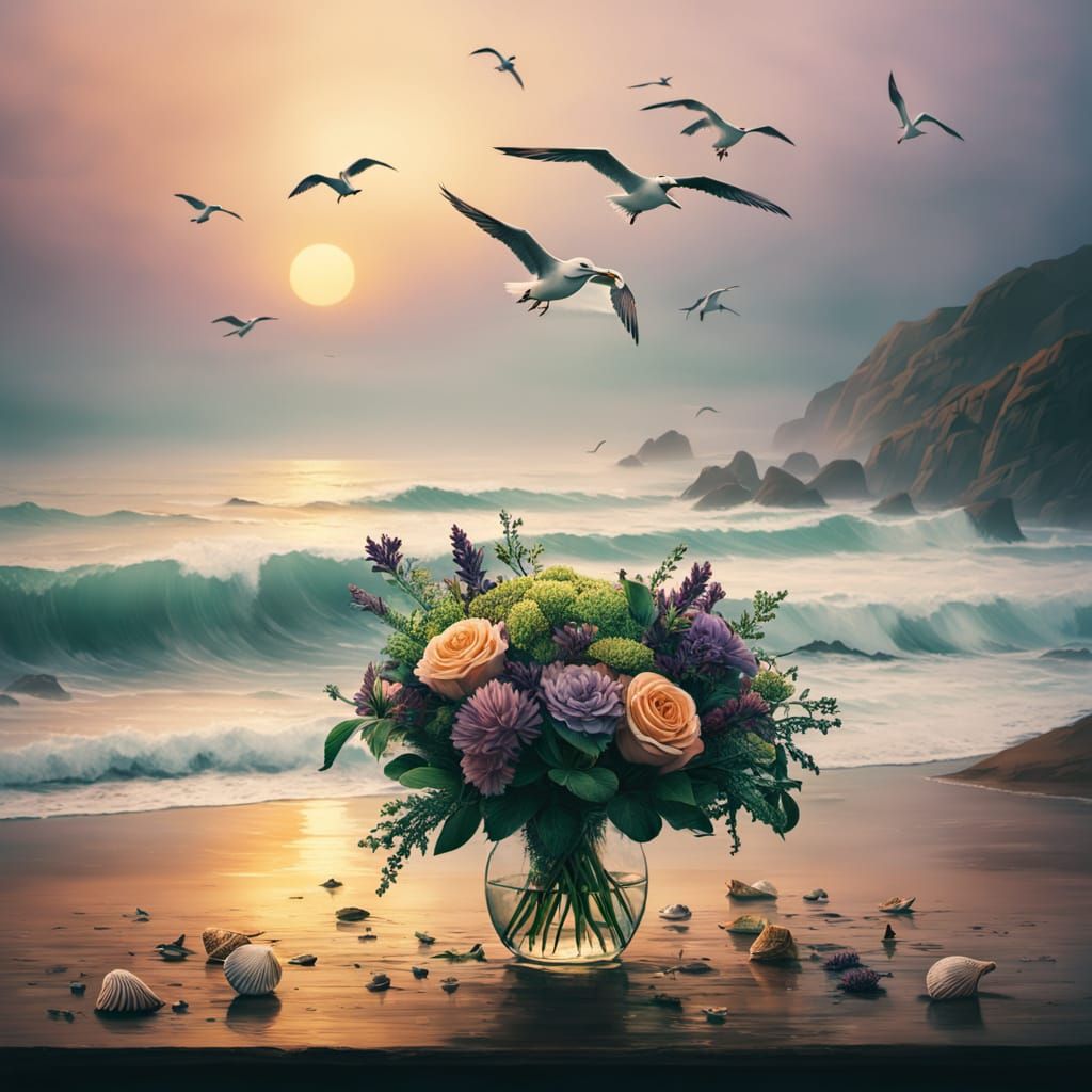 Whimsical Coastal Paradise in Vibrant Oil Gouache Style