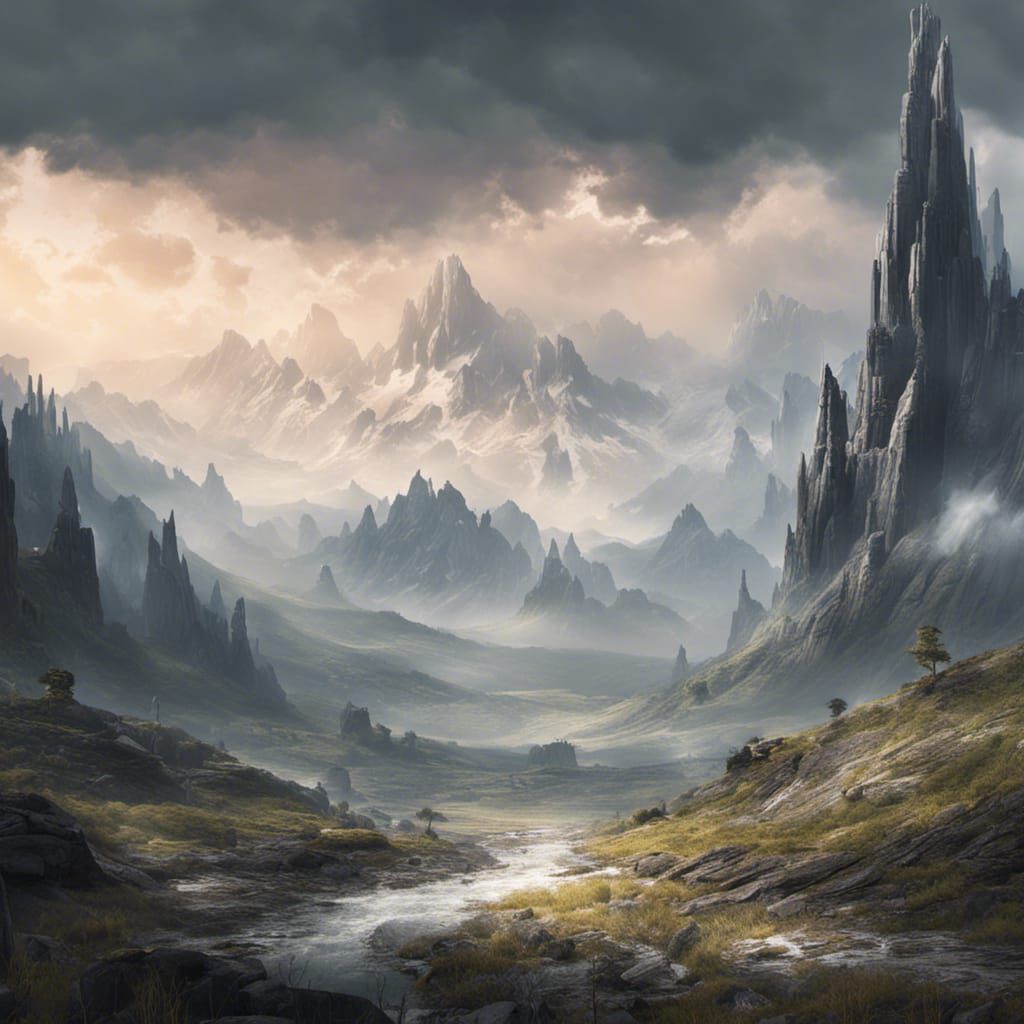 Rainy Alpine Landscape with Futuristic City