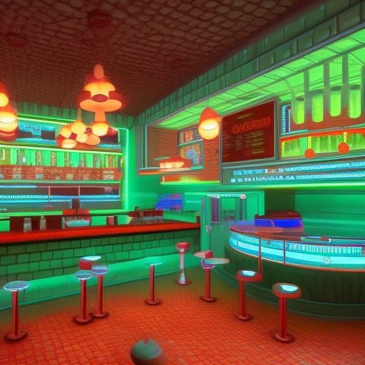 Retrofuturistic Soda Shop in Green and Turquoise