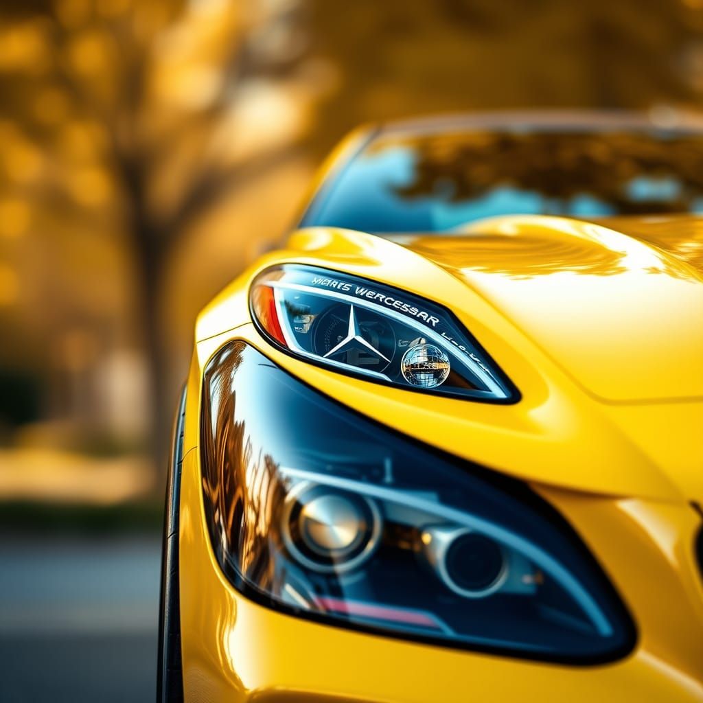 Sleek Yellow Mercedes-Benz in High-Definition with Bokeh Bac...