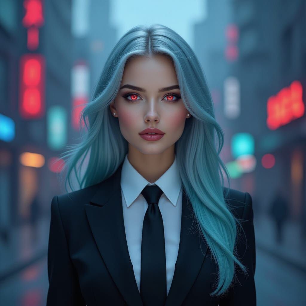 Cyberpunk Woman with Scarlet Eyes in Noir Cityscape