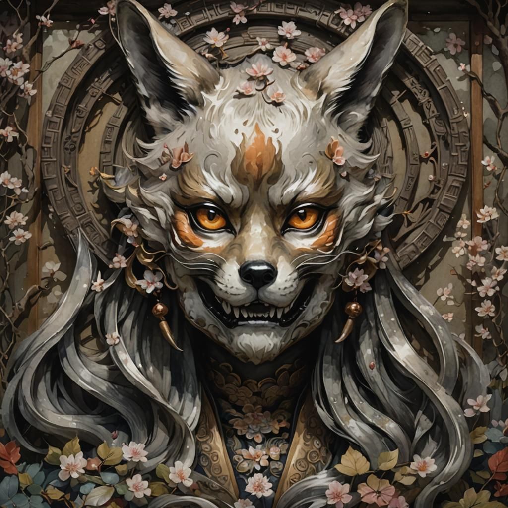 Kitsune Lady in Japanese Watercolor Garden