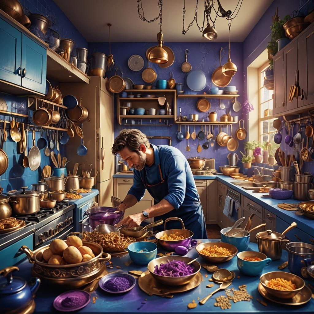 Fantasy Kitchen Prank in Detailed Matte Painting Style