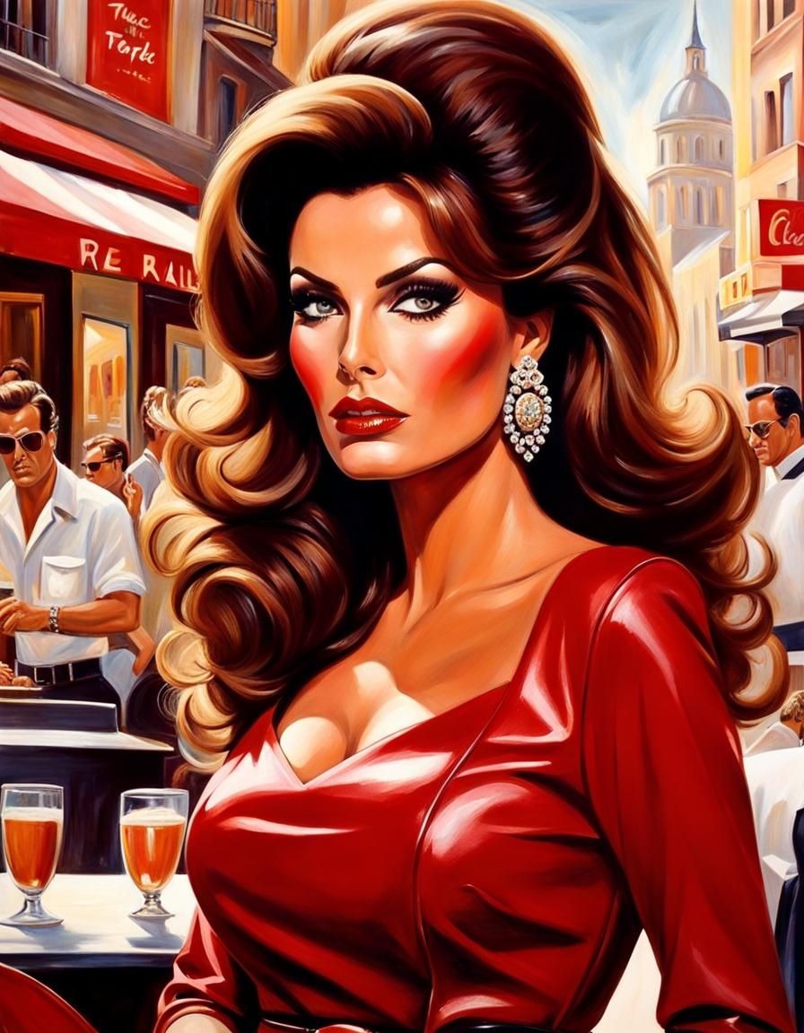 Raquel Welch in Red Dress: 1960s Abstract Art