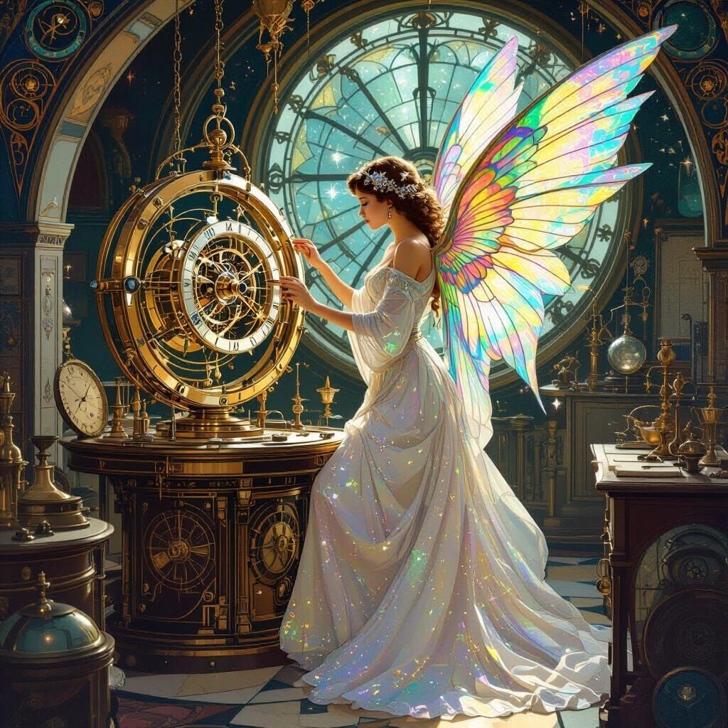 Celestial Clockmaker Assembling Orrery in Art Nouveau Style