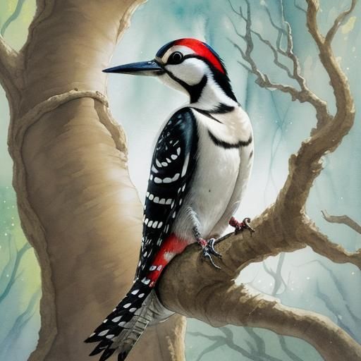 Hyperrealistic Woodpecker by Hollow Tree, Watercolor Style