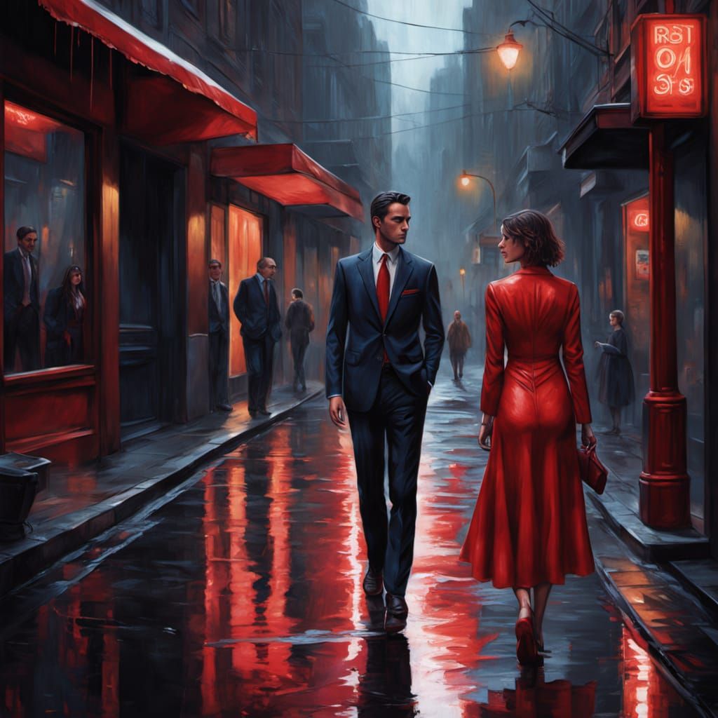 Man in Suit Watches Woman in Red on Wet Street