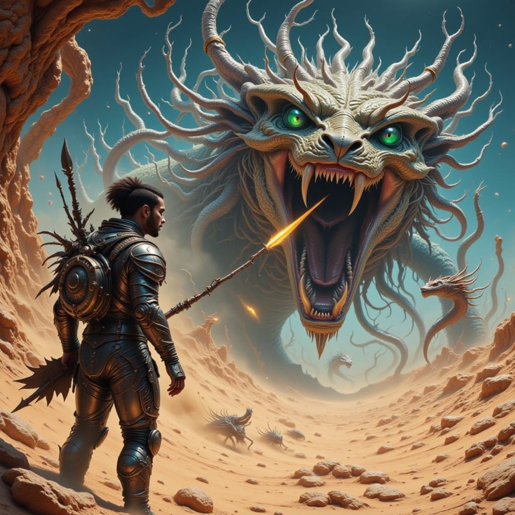 spear against the charge of a massive snake