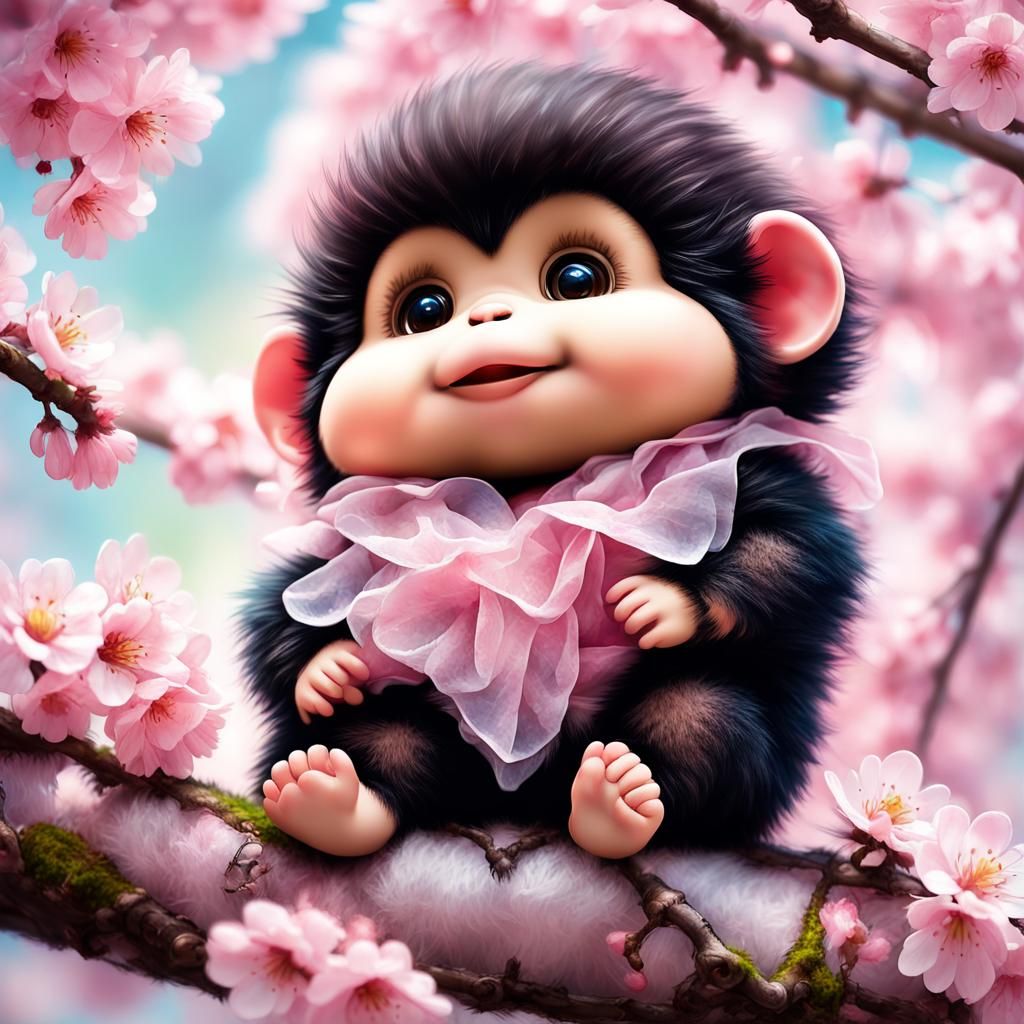 Monchhichi in Cherry Blossom Tree: Digital Art