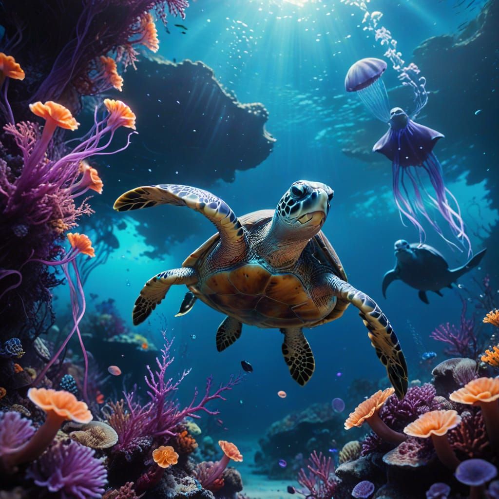 Sea Turtle and Manta Ray in Bioluminescent Coral
