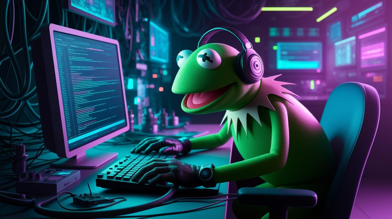 Kermit the Frog: Cyberpunk Hacker in Neon City