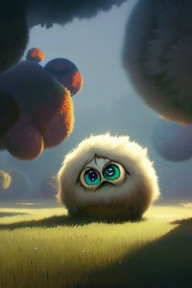 Fluffy Round Monsters in Grassy Field