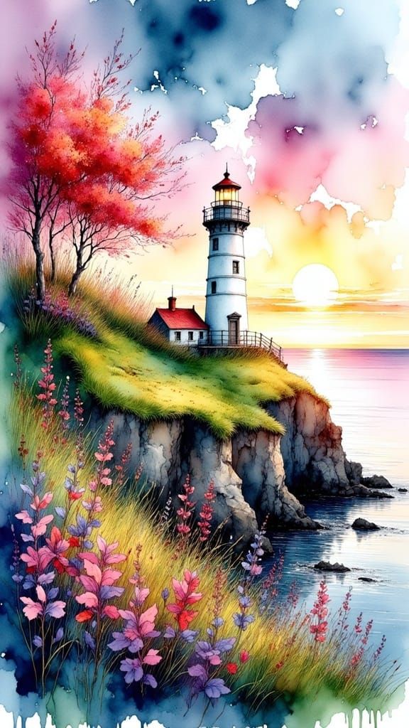 Dreamy Irish Coast Lighthouse in Stylized Watercolor