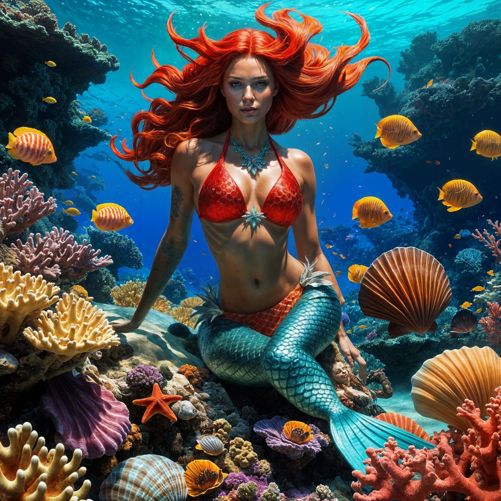 Red-Haired Mermaid in Fantasy Coral Reef Art