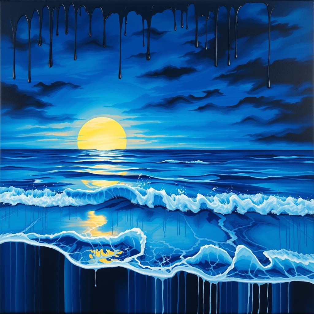 Serene Ocean Sunset in Dripping, Blended Paint