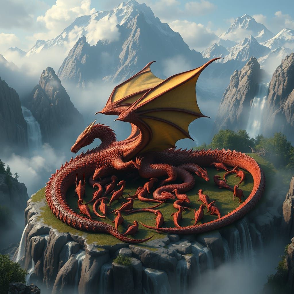 Majestic Dragon Surrounded by Small Dragons in Fantasy Art