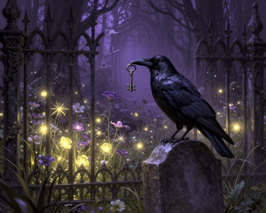 Crow with Key on Tombstone in Spectral Garden