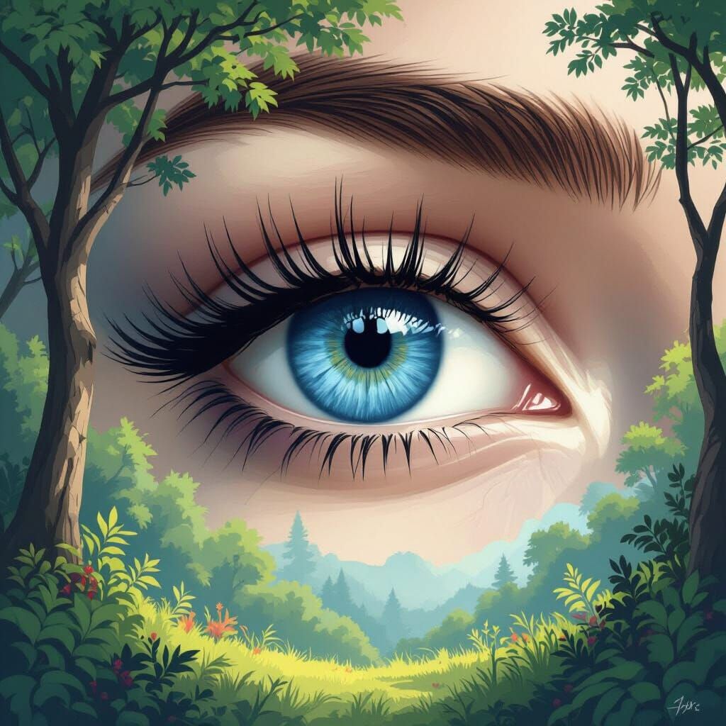 Blue-Gray Eye with Natural Landscape, Digital Art Style