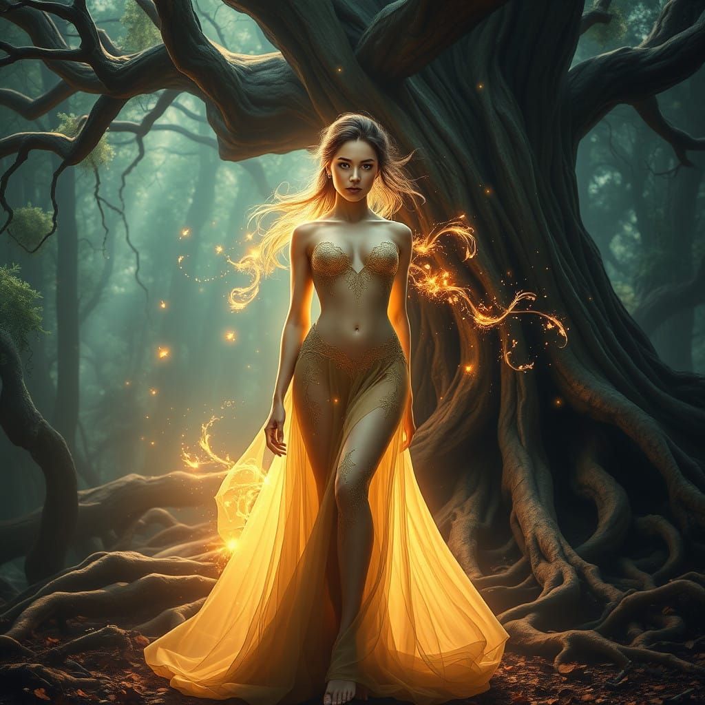 Ethereal Goddess Merges with Dying Tree Spirit in Vibrant Go...