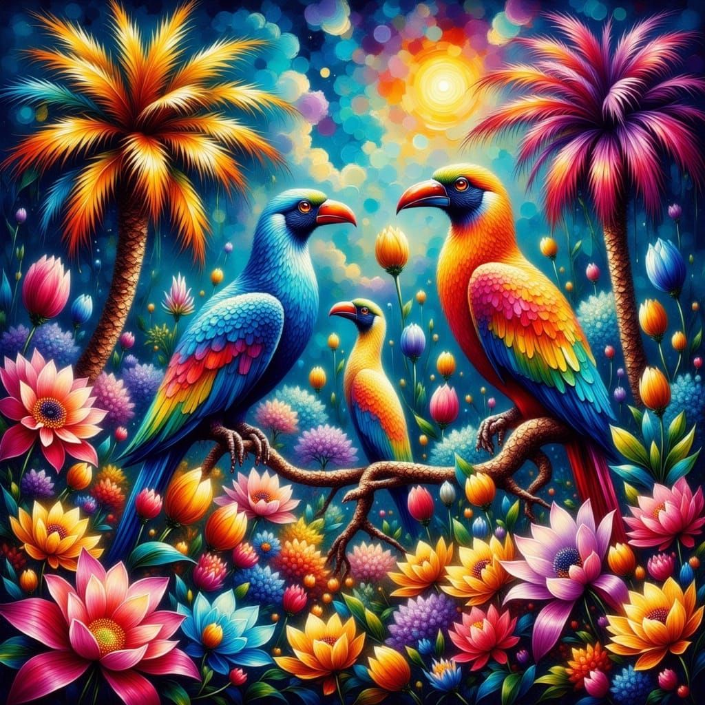 Whimsical Neo-Impressionist Menagerie in Vibrant, Expressive...