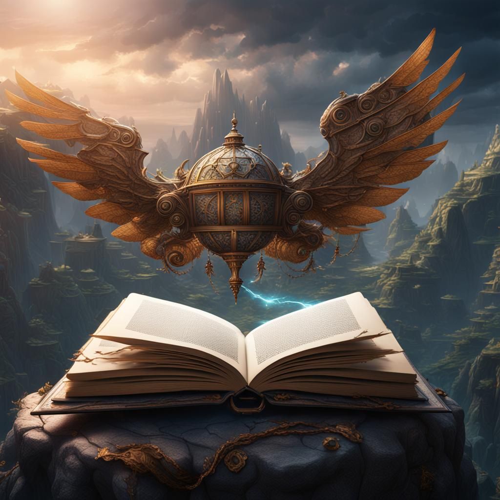 Sentient Flying Book in Detailed Matte Painting
