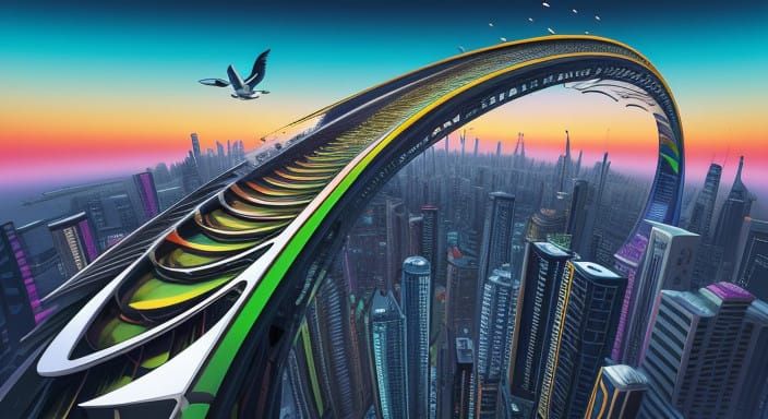 Vibrant Futuristic Bridge in Kaleidoscopic Rainbow Sky