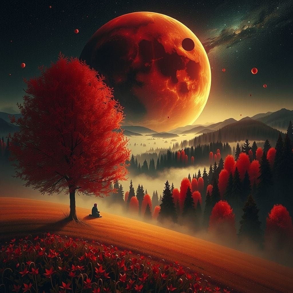 Majestic Autumn Blood Moon in a Vibrant Expressionist Style