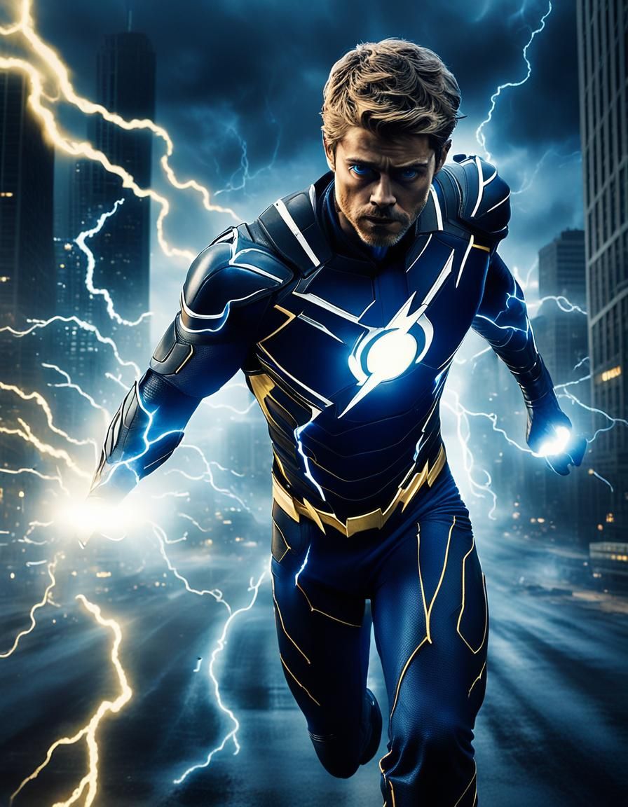 Heroic Figure Wields Lightning in Chicago Dawn