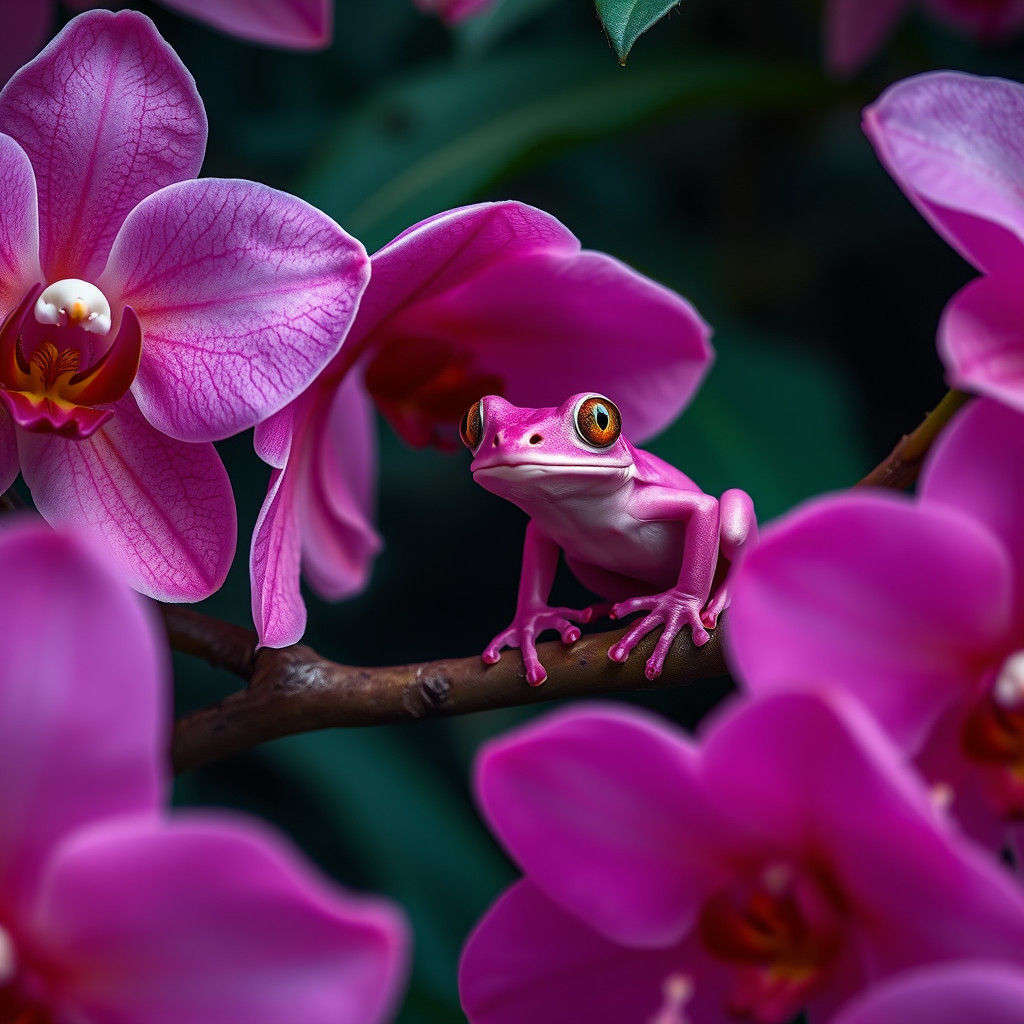 Pink Treefrog in Orchid, Hyperrealistic Rainforest Scene