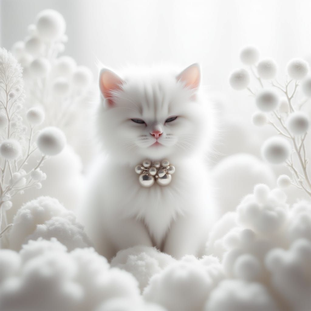 Hyperrealistic Kitten on Cloud with White Flowers