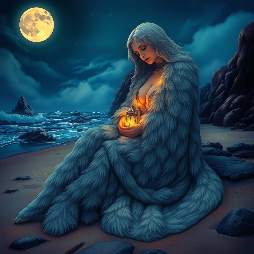 Selkie Woman on Moonlit Beach in Art Nouveau Style