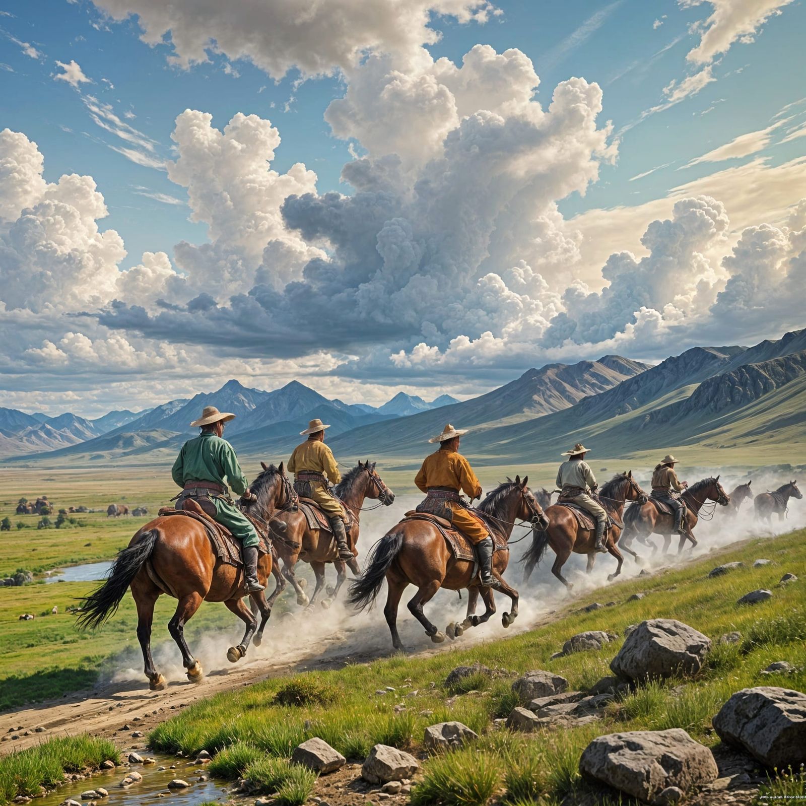 Mongolian Steppes Summer Scene with Horsemen Riding