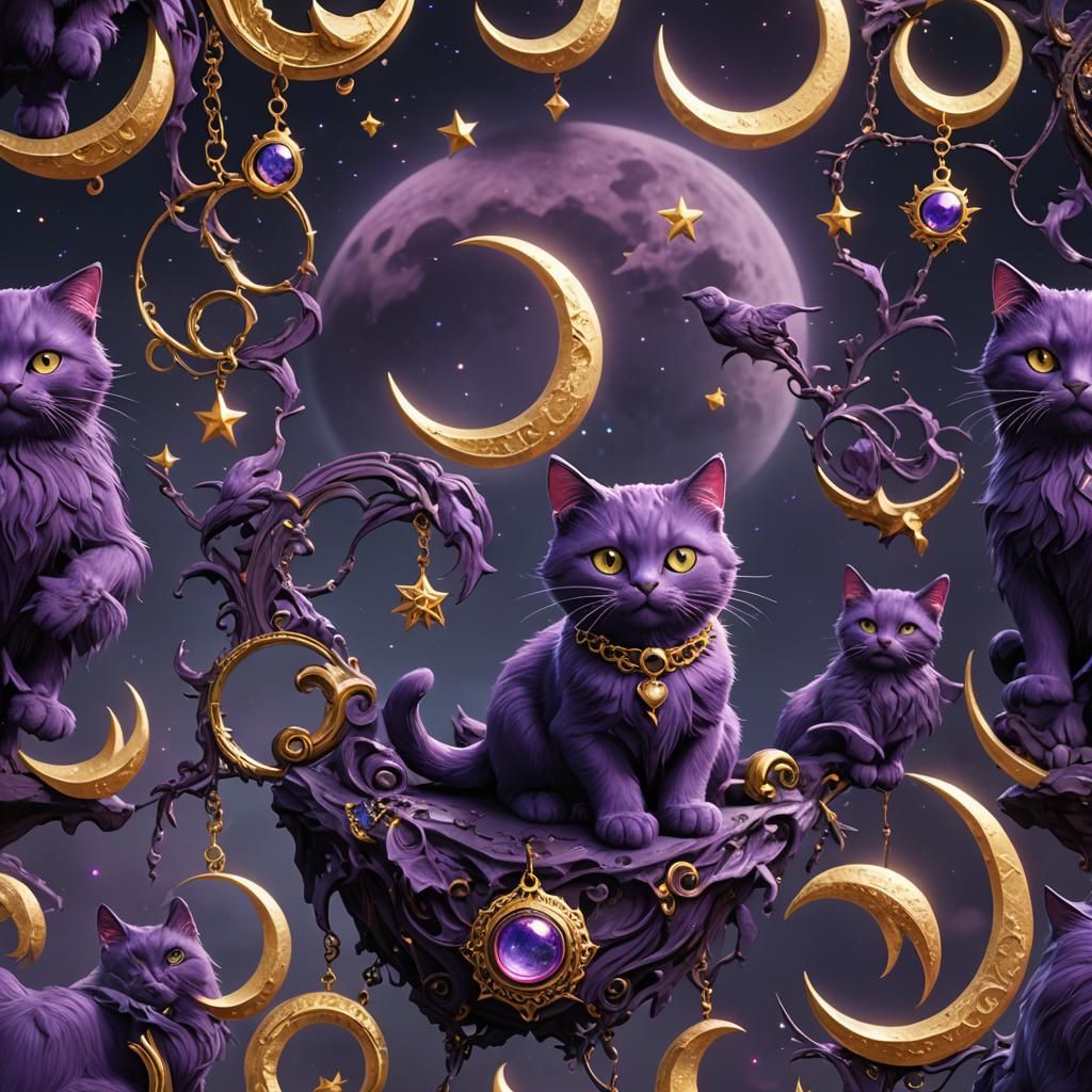 Purple Cat with Moon Charm: Fantasy Concept Art