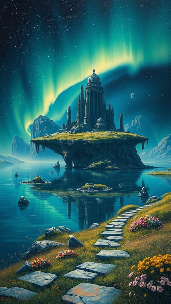 Surreal Floating Islands in Space with Aurora