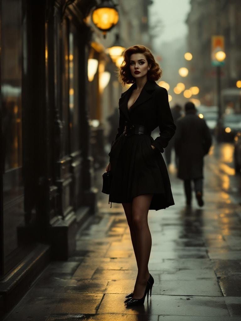 Italian Pin-Up in Film Noir Style, City Sidewalk