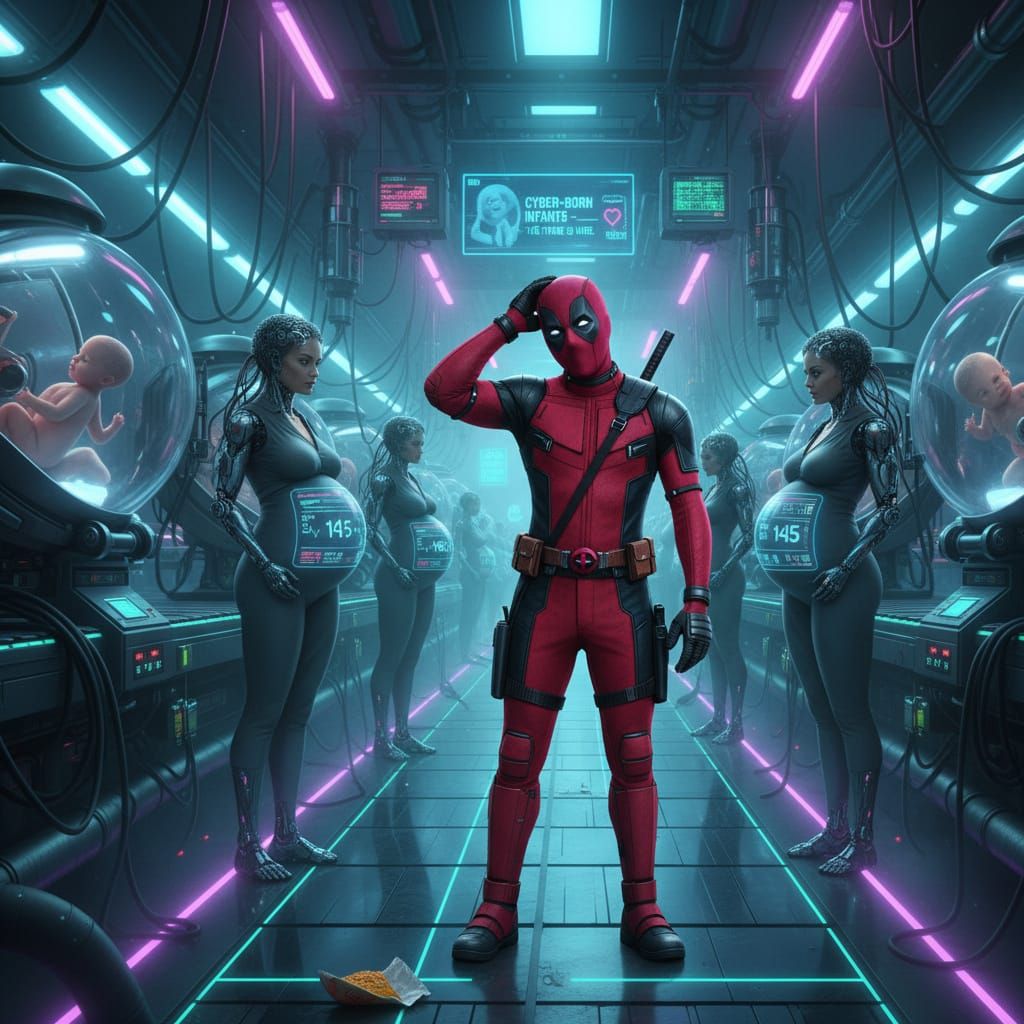 Deadpool Navigates Cyberpunk Baby Factory Neon