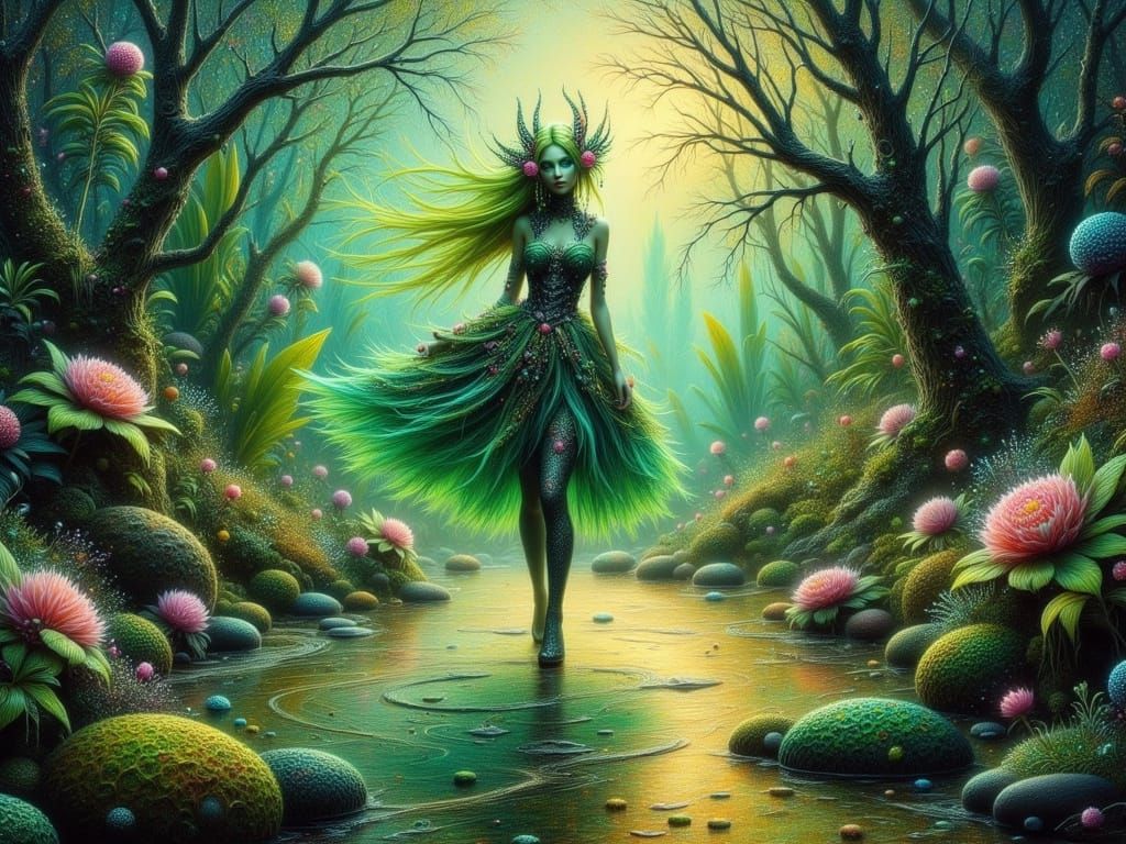 Surreal Oil Painting of Ethereal Green Fairy Walking on Gold...