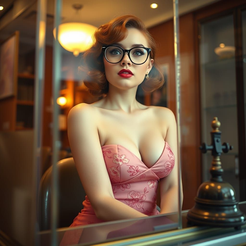 Redhead Pin-Up in Chinese Dress at Bank Counter